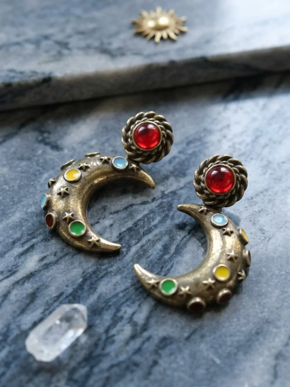Antique Gold Crescent Moon Drop Earrings Celestial Star Multicolor Whimsigoth